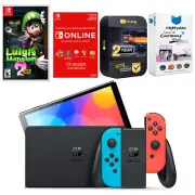 Nintendo Switch Neon Red/Blue OLED + Luigi's Mansion 2 + NSO 1 Year Membership