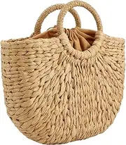 [Gets] Women Straw Bag, Hand-woven Rattan Tote Clutch Handle Bag Retro Summer Beach Tote Bags Wicker Bags, Khaki, One Size