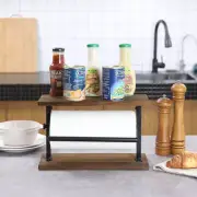 Burnt Wood and Metal Kitchen Paper Towel Holder Countertop Rack with Top Shelf