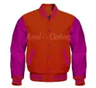 Baseball Varsity Letterman Bomber Orange Wool & Genuine Pink Leather Sleeve