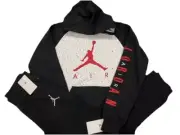 NWT NIKE AIR JORDAN BOY'S 2 PC BLACK WHITE HOODIE BLACK JOGGERS L 10-12 XL 13-15