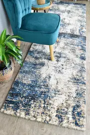 Pompon Tress White Blue Runner Rug