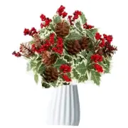 Artificial Christmas Flowers Holly Red Berries Picks Pinecone Stems for