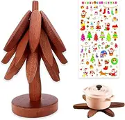 Wooden Trivets for Hot Pots and Pans，Wood Coasters for Quartz Countertops Decorative Tree, 3 Pieces Mats 1 Stand (Black Walnut)