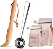 OKUMEYR 1 Set Stainless Tool Coffee Scoop with Clip Sealing Clips Cleaning Brush Cloth Pouch Dual Function Measuring Spoon for Freshness Easy Cleaning