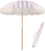 6.5 Feet Fringed Beach Umbrella, Tilting Outdoor Umbrella, UV Protection Pool Umbrella with Storage Bag, Outdoor Backyard Parasol