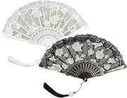 [VOMZIKL] Vintage Lace Fan, Pack of 2 Lace Fans, Vintage Hand Fans, Lace Bridal Fans, Folding Fan for Wedding, Prom, Fancy Dress Party (Black + White)