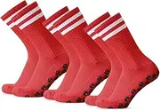 [Pongnas] Anti Slip Soccer Socks, Non Skid High Elastic Cushioning Sports Socks,Breathable Wicking Athletic Socks for Yoga Pilates Climbing Riding, One Size (3 Pairs), Red, One Size