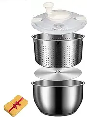 Stainless Steel Salad Spinner, Large Vegetable Washer with 6L Bowl, PP Lid, Stainless Steel Drain Basket, Manual Vegetable Dehydrator, Easy Salad Cleaning and Drying Spinner