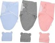 TOYANDONA 3Sets Swaddle Wrap Cotton Receiving Blankets with Hats for Spring Autumn Soft Breathable Unisex Sleep Sack for Boys