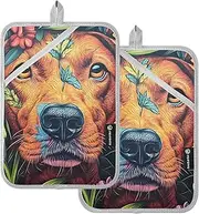 AIXIWAWA Labrador Floral Pot Holders 2 Pack, Insulated Heat Resistant Hot Pads Oven Mitts with Pocket for Kitchen Cooking Baking 7x9.8 inches