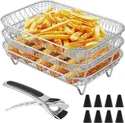 3 Layer Air Fryer Rack Square Round Rectangular 304 Stainless Steel Stackable Basket Tray Air Fryer Rack Accessory for Baking Cooking (Rectangular with Clip & Feet)