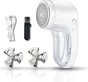 Fabric Shaver, Rechargeable Lint Remover, Portable Lint Sweater Shaver with Stainless Steel 3-Leaf Blades, Removable Bin, Easy Remove Fuzz, Lint, Pills, Bobbles-White