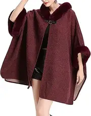 [DuBom] Women's Luxury Batwing Sleeve Faux Fur Hooded Cloak Poncho Sweater Cape Outwear