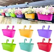 LaLaGreen Outdoor Hanging Planter (6 Pack, 11.2 Inch) Light Blue, Neon Pink, Dark Purple, Yellow, Red Metal Iron Window Box Flower Pot Deck Railings Fence Buckets Modern Boho Style Home Garden Decor