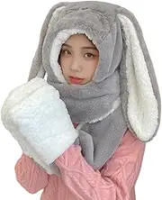 [YMMMY ROSE] Animal Hood Earflap Fluffy Cap Bunny Ear Hat Scarf Gloves Mittens Women Girls 3-in-1 Set Plush Hoodie with Bunny Ear for