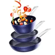 Non-Stick 3-Piece Frying Pan Set with 3D Diamond Cookware - Blue