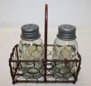 Light Green Mason Jar Salt and Pepper Shakers in Wire Basket Retro Style
