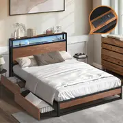Oikiture Metal Bed Frame Double Size with LED Headboard Storage Drawers USB