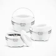 The House of Florence- Marco Insulated Food Warmer 3pcs Set- Includes 2.5/3.5/5.0lt White with Elegant Silver Greek Design Border and with Convenient Carry Handle.