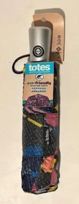 TOTES Umbrella Black With Geometric Design Eco-Friendly 47" Coverage NEW