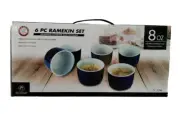 Chef's Counter 6 Piece Ramekin Stoneware Bowl Set - 8oz - Blue & White NIB