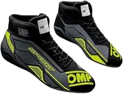 OMP Driving Shoe, Sport, Mid-Top, FIA Approved, Leather Outer, Fire Retardant Inner, Black/Fluorescent Yellow, Size 7.5, Pair