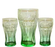 LOT OF 3 COCA COLA COKE GREEN PANELED DRINKING GLASSES 16oz & 5oz EMBOSSED LOGO