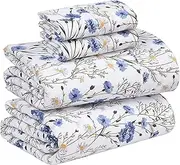 RUVANTI 100% Cotton Percale Sheets for King Size Bed - 16 Inches Deep Pocket Perfect Fitting - Crispy Cool & Comfortable - Blue Floral (1 Flat, 1 Fitted & 2 Pillowcases)