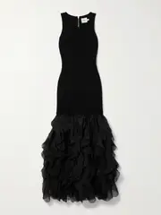 [Aje] Aje - Elations Ribbed-knit And Ruffled Organza Maxi Dress - Black - medium medium Black