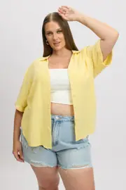 Yellow Relaxed Shirt Short Sleeve Linen Blend