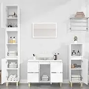 3 Piece Bathroom Vanity Furniture Set, White, Engineered Wood with Solid Eucalyptus Wood Feet, Ample Storage, Modern Design