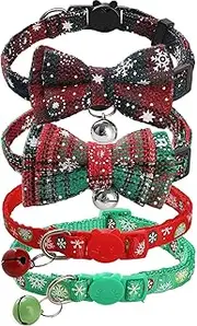 4 Pack Cat Collars with Bells Bowknot, Christmas Style Cat Collars, Adjustable Breakaway Cat Collars for Girl Cats Male Cats Pet Supplies, 4 Colors