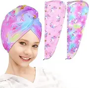 FIOBEE Microfiber Hair Towel Wrap for Kids Rapid Drying Turbans for Wet Hair with Button Women & Girls Long, Curly Hair Pack of 2, Pink