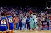 Philadelphia 76ers Julius Erving celebrates with teammates vs Indi- Old Photo