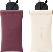 [V-LAFUYLIFE] 2 Pcs Sunglass Case - Portable Squeeze Top Leather Glasses Case anti-scratch Eyeglass Case