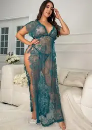 Womens Laura Eyelash Lace Side Split Lingerie Dress -Sizes 18, 20, 22 & 24 Green