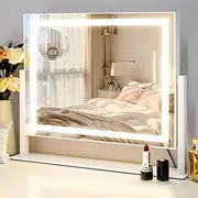 LuxeVue Vanity Mirror with Lights, 40×30cm LED Makeup Mirror, Light Up Vanity Mirror with 3 Colors Dimmable Strip Light, Dimming Touch Sensor, Detachable 15X Spot Magnifying, 360°Rotation (White)