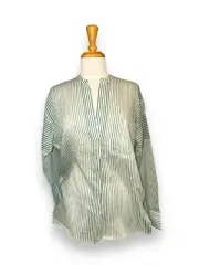VINCE Sheer Oversize Pullover Tunic Mandarin Collar Striped Green/White sz M NEW
