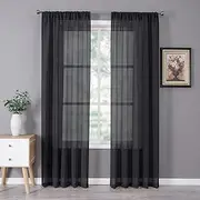 Tollpiz Sheer Curtain Linen Textured Living Room Curtains Sheer Light Filtering Rod Pocket Voile Curtain for Bedroom, 54 x 72 inches Long, Black, Set of 2 Panels