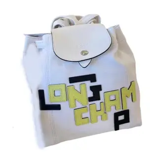 【LONGCHAMP】LONGCHAMP LOGO字小羊皮雙肩包 mini 兩色可選 粉紅黑白字母色.白色黑綠字母色