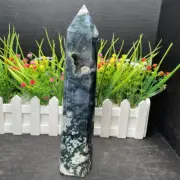 730g 221mm Natural Moss Agate Tower Point Quartz Crystal Obelisk Decor Gift