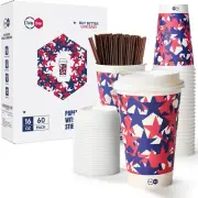 16 Oz Disposable Coffee Cups with Lids, 60 Pack to Go Paper Cups for Coffee, ...