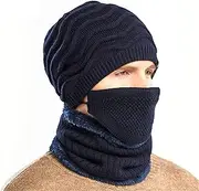 [HAMKVBPR] Winter Hat Scarf Set Men's Winter Warm Knitted Wool Cap Muzzle Scarf Three Pieces Set for Cold Weather