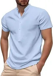 [Generic] Mens Short Sleeve T Shirts Moisture Wicking Quick Dry Solid Color Button Down Casual V Neck T Shirts, Light Blue-2, L