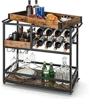 Giantex Home Bar Serving Cart, 3-Tier Rolling Bar Cart with Removable Tray, Wine Rack & Glass Holder, Liquor Wine Cart with Handles & Universal Casters for Kitchen, Dining Room, Bar, Rustic Brown