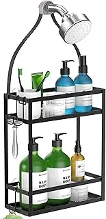 Minggoo Shower Caddy Organizer,Mounting Over Shower Head Or Door,Extra Wide Space for Shampoo, Conditioner, and Soap with Hooks for Razorsand More,10.5" x 4.5" x 22.4", Mental Black