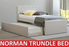 NORMAN KING SINGLE SIZE W TRUNDLE WHITE OAK BEIGE FABRIC BED FRAME