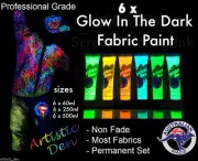 UV Glow In The Dark Fabric Paint Set 6 x (15ml-1L) Uv Glow Textile Paint