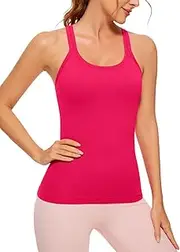 [CRZ YOGA] Womens Seamless Ribbed Racerback Tank Tops with Built in Bra - Padded Scoop Neck Slimming Athletic Long Camisole